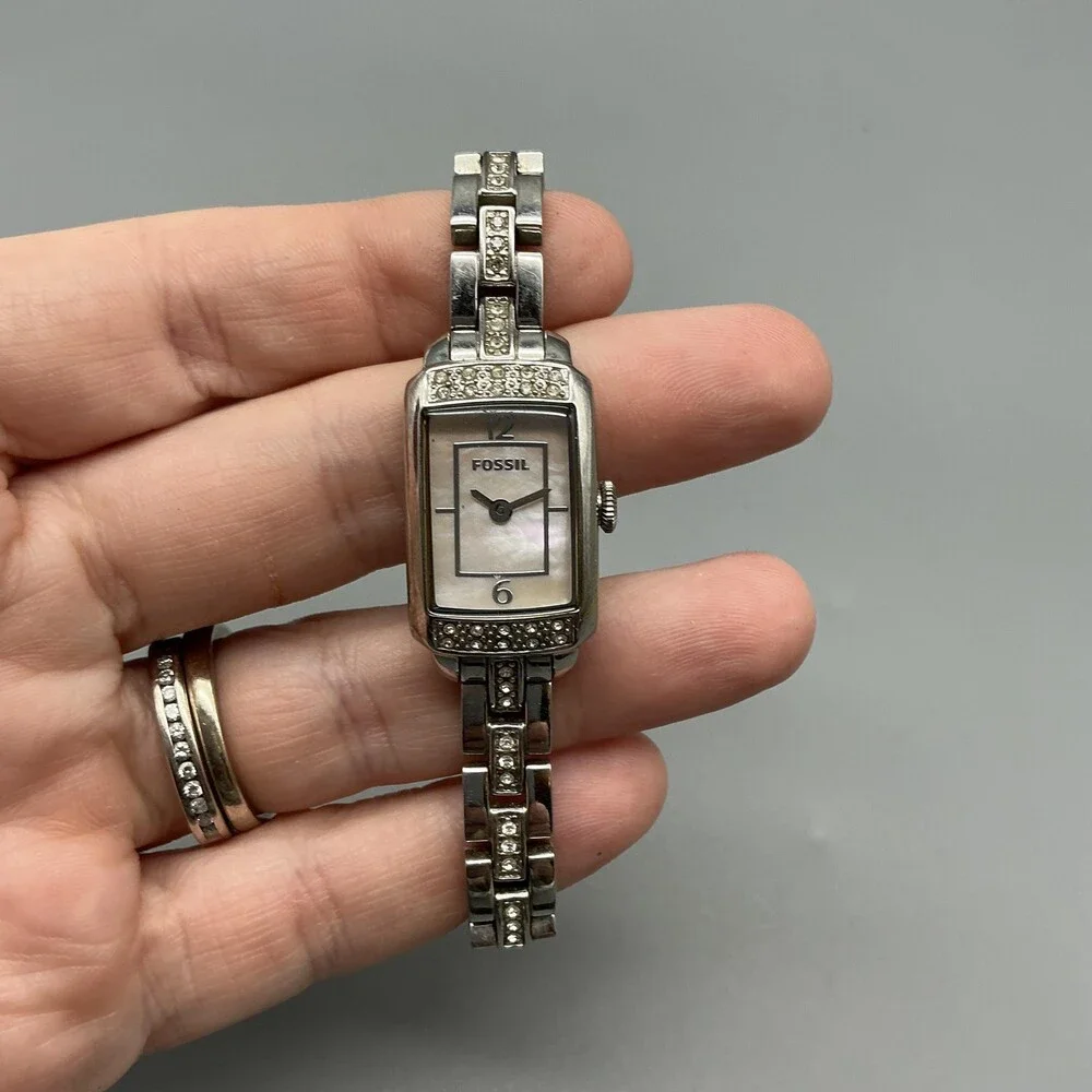 Fossil Womens Watch 17mm White MOP Dial Silver Tone Crystal New Battery 6.5